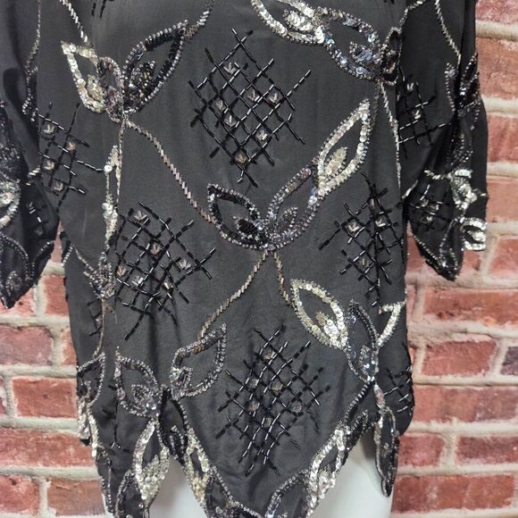 Argenti Silk Beaded Top S | Vintage Black Sequin Scallop Hem Party Eveningwear - Picture 6 of 7